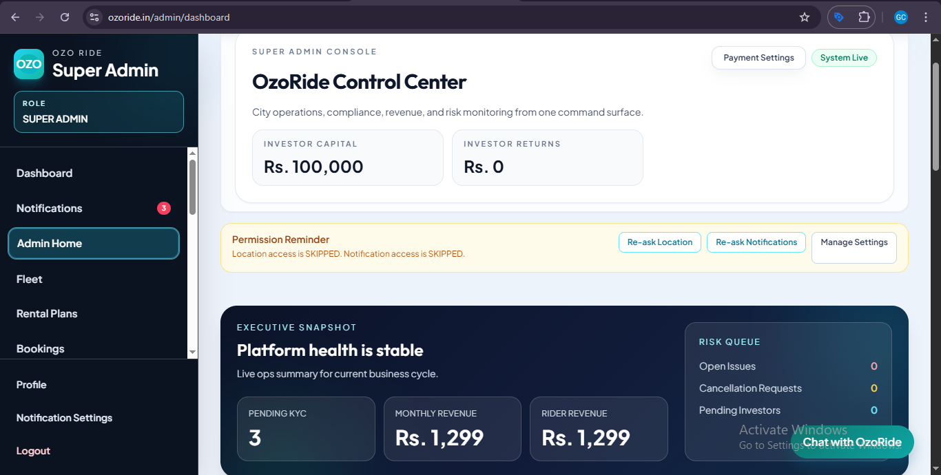 OzoRide – Smart EV Ride Management System with Super Admin Dashboard